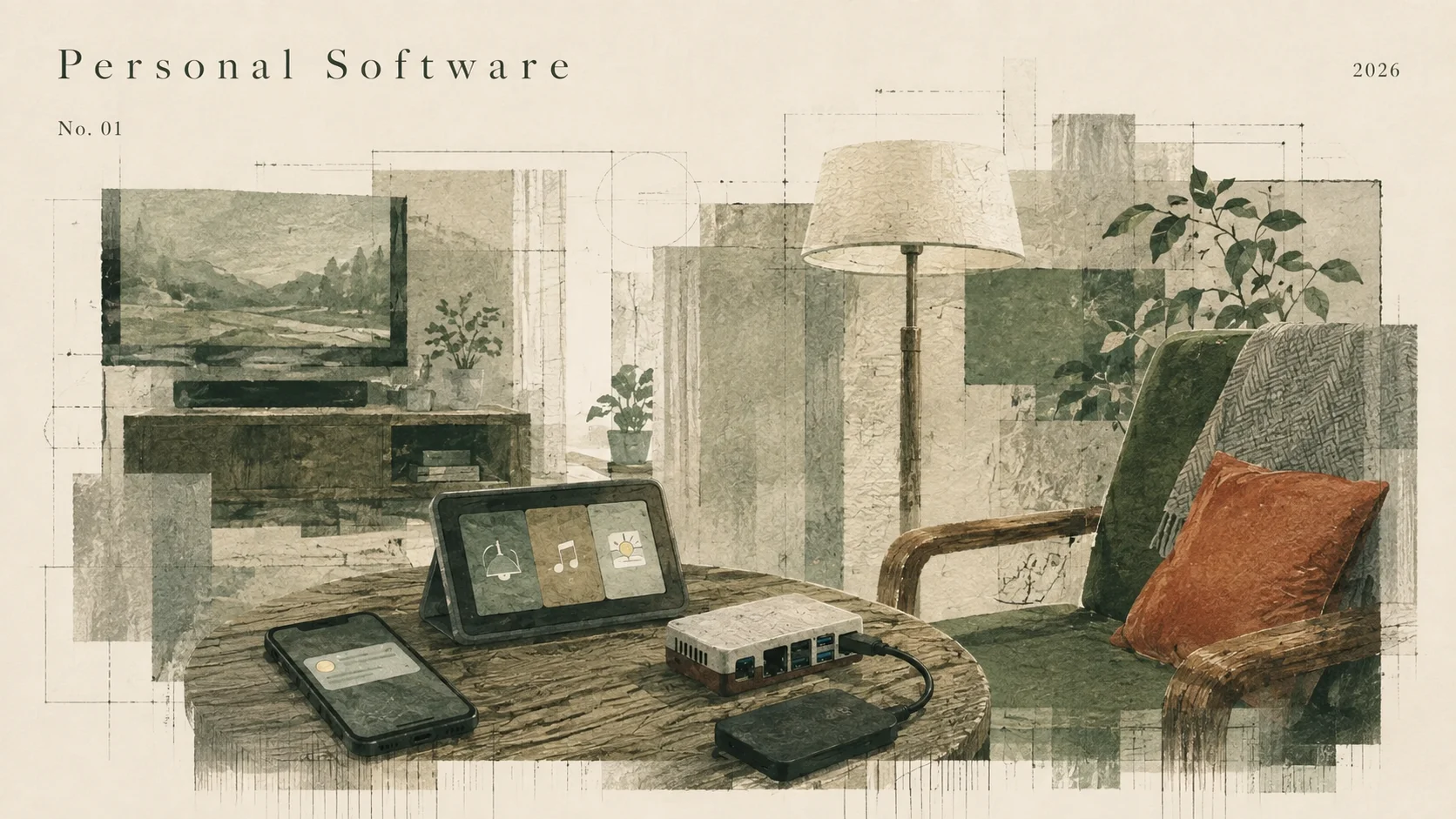 Architectural collage of a phone, home control panel, and small server beside an armchair, with green layers and drafting lines on ivory paper. Titled Personal Software, No. 01, 2026.
